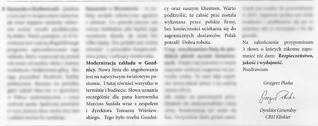 Modernizacja zakładu w Gozdnicy - biuletyn Grupy CRH